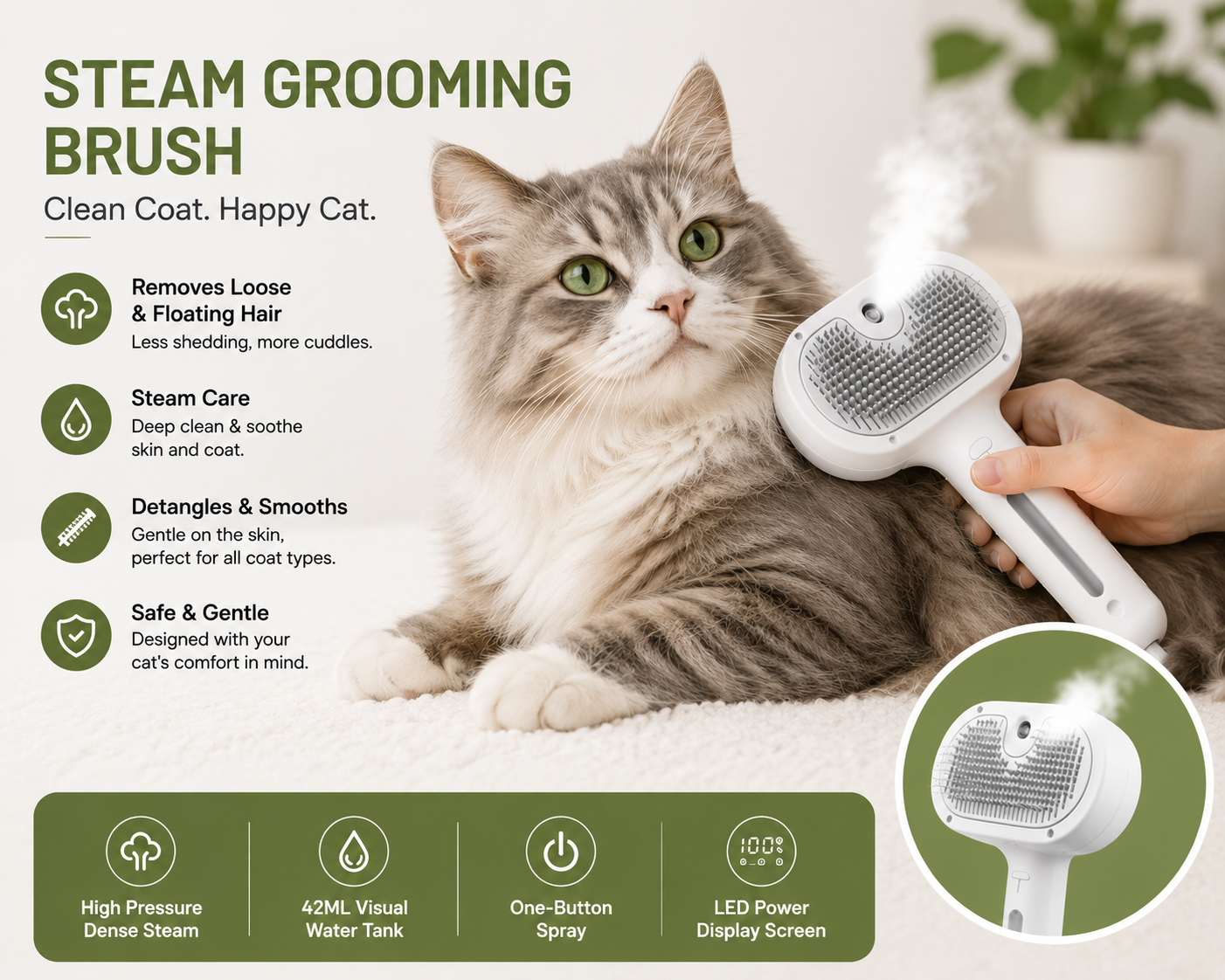 Pet Hair Remover Spray Grooming Comb Cats Dogs Floating Hair Removal Steam Cleaning Brush Dematting Water Mist Humidifier Comb