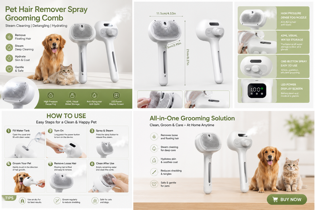 Pet Hair Remover Spray Grooming Comb Cats Dogs Floating Hair Removal Steam Cleaning Brush Dematting Water Mist Humidifier Comb
